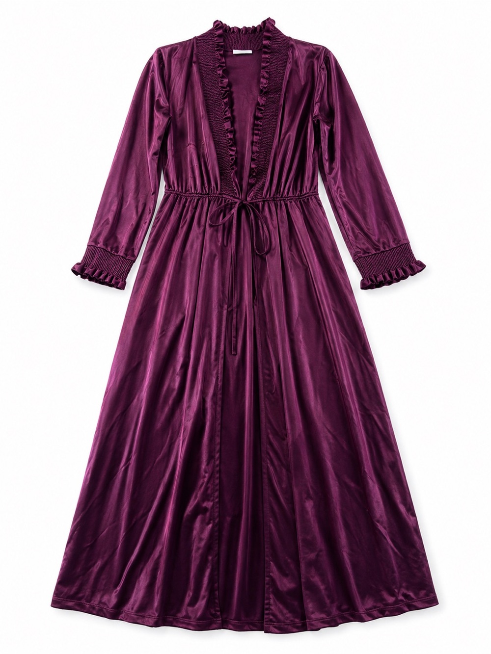 Vintage JCPenney Misses Robe M Deep Plum Satin Smocked Ruffle Peignoir